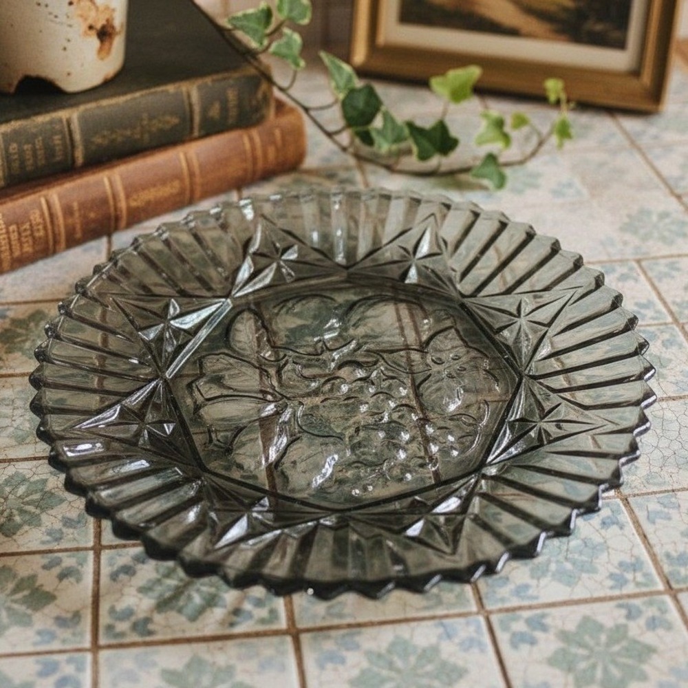 Federal Glass Carnival Smoke Serving Tray, Iridescent Fruit Plate, Centerpiece